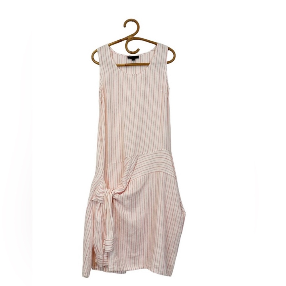 French 100% linen Striped Tie Front Midi Dress Size S Oversized Lagenlook